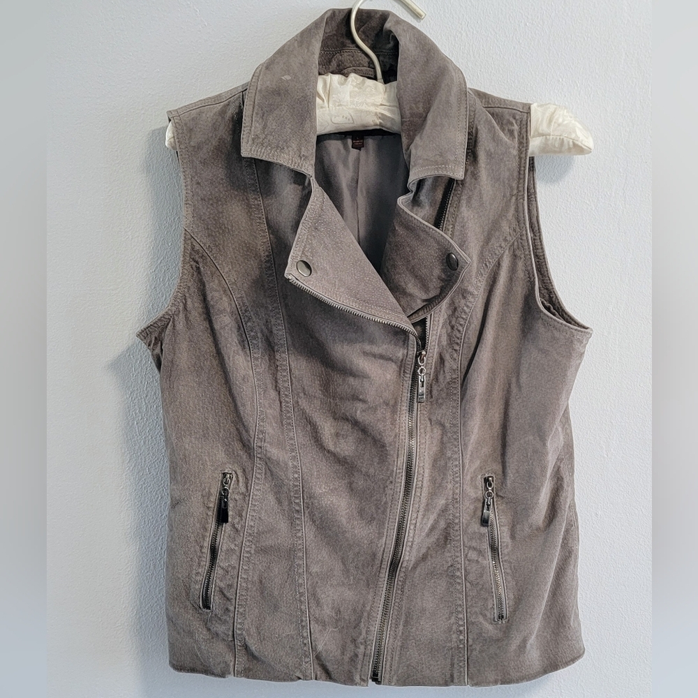 Y2K L Genuine Leather Asymetrical Moto Vest Gray Rebel Edgy Bikercore Boho Rock